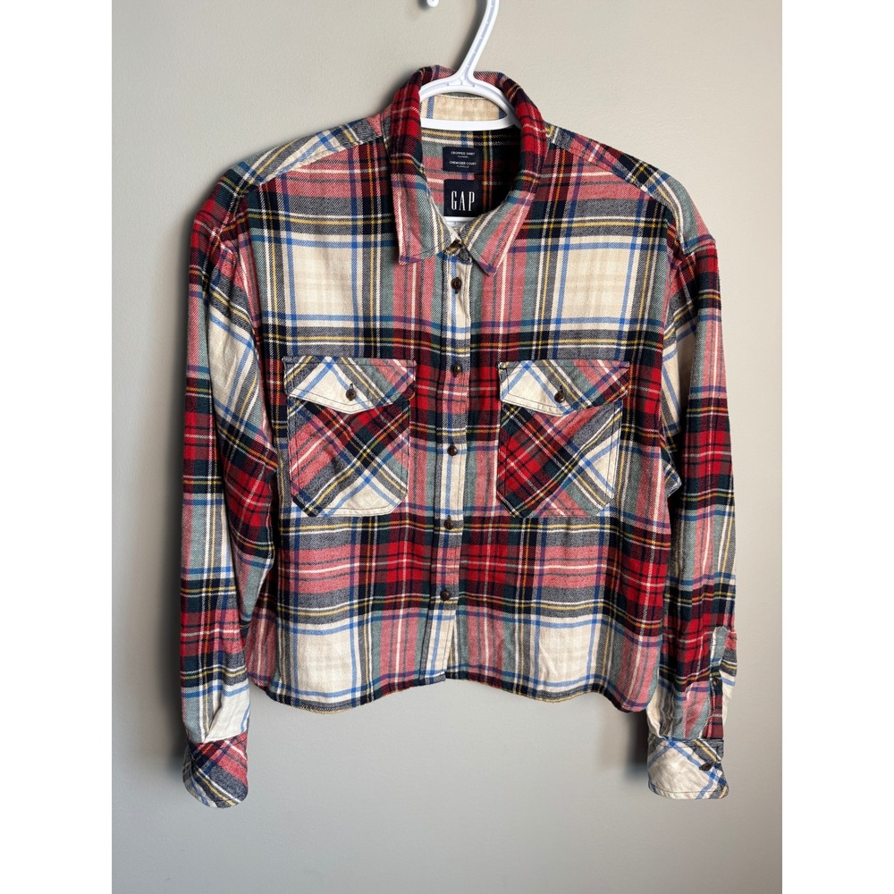Gap Womens Red Plaid Cropped Flannel Shirt Size M Button Down Grunge Cabincore